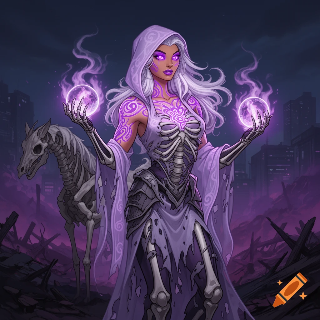 A female necromancer in skeletal armor and a purple hooded cloak holds glowing magic orbs in a ruined city with a skeletal horse.