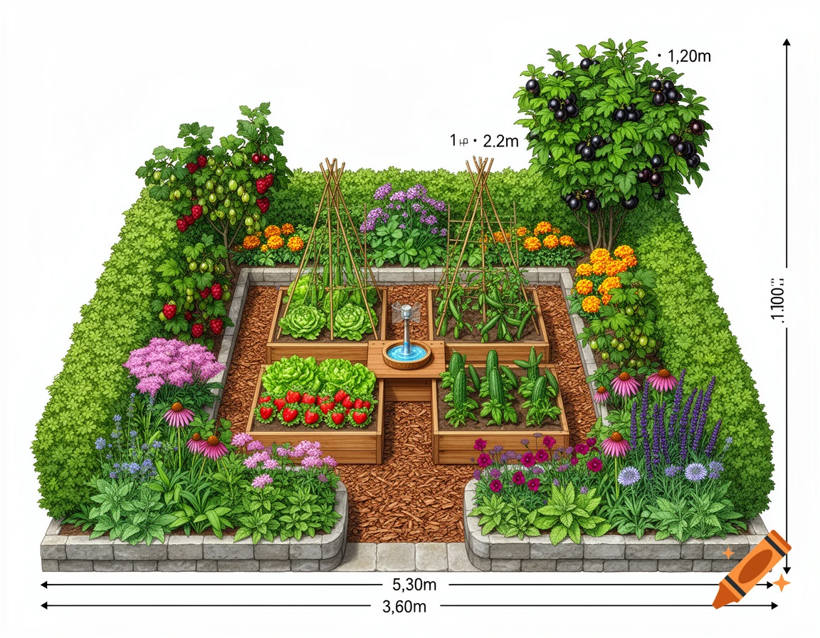 An isometric diagram of a garden plan featuring raised wooden beds with vegetables, surrounding flowerbeds, berry bushes, hedges, and gravel paths. Dimensions are marked.