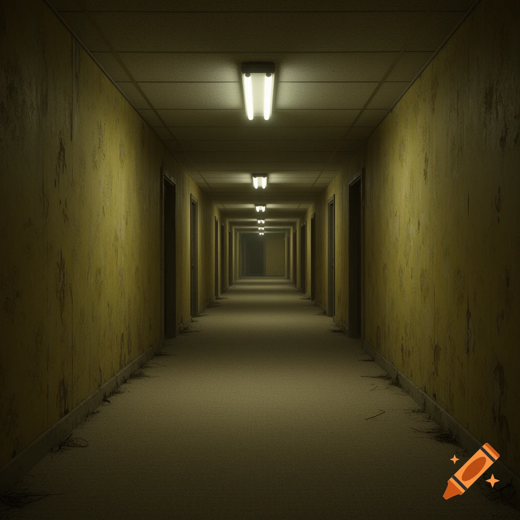 A long, dark, empty hallway with decaying yellow walls, fluorescent lights on the ceiling, and debris on the carpeted floor, leading into the distance.
