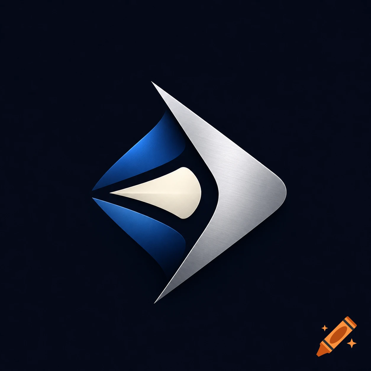 An abstract logo featuring curved blue, off-white, and metallic silver shapes against a dark background, forming a stylized eye-like or arrow-like design.