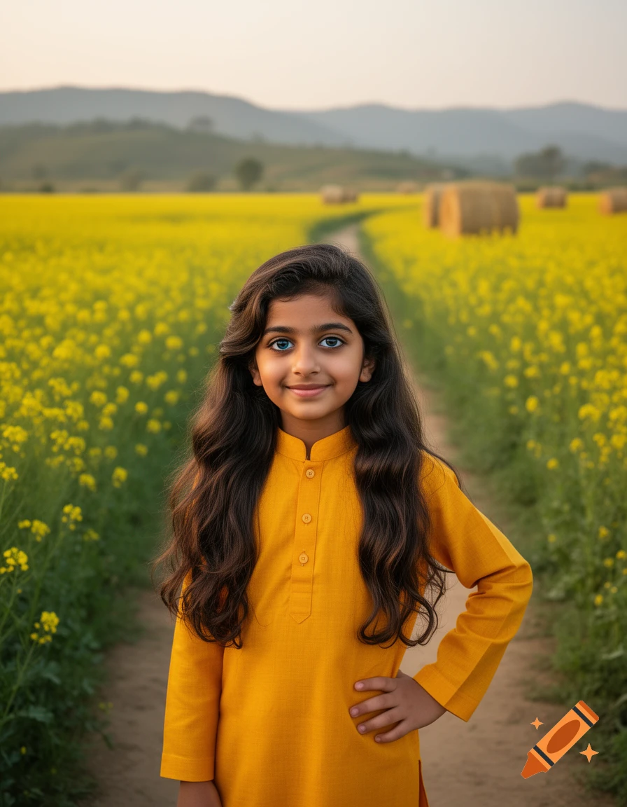 A smiling young girl with long dark hair and blue eyes, wearing a yellow tunic, stands on a dirt path in a field of bright yellow flowers with hay bales and hills in the background.