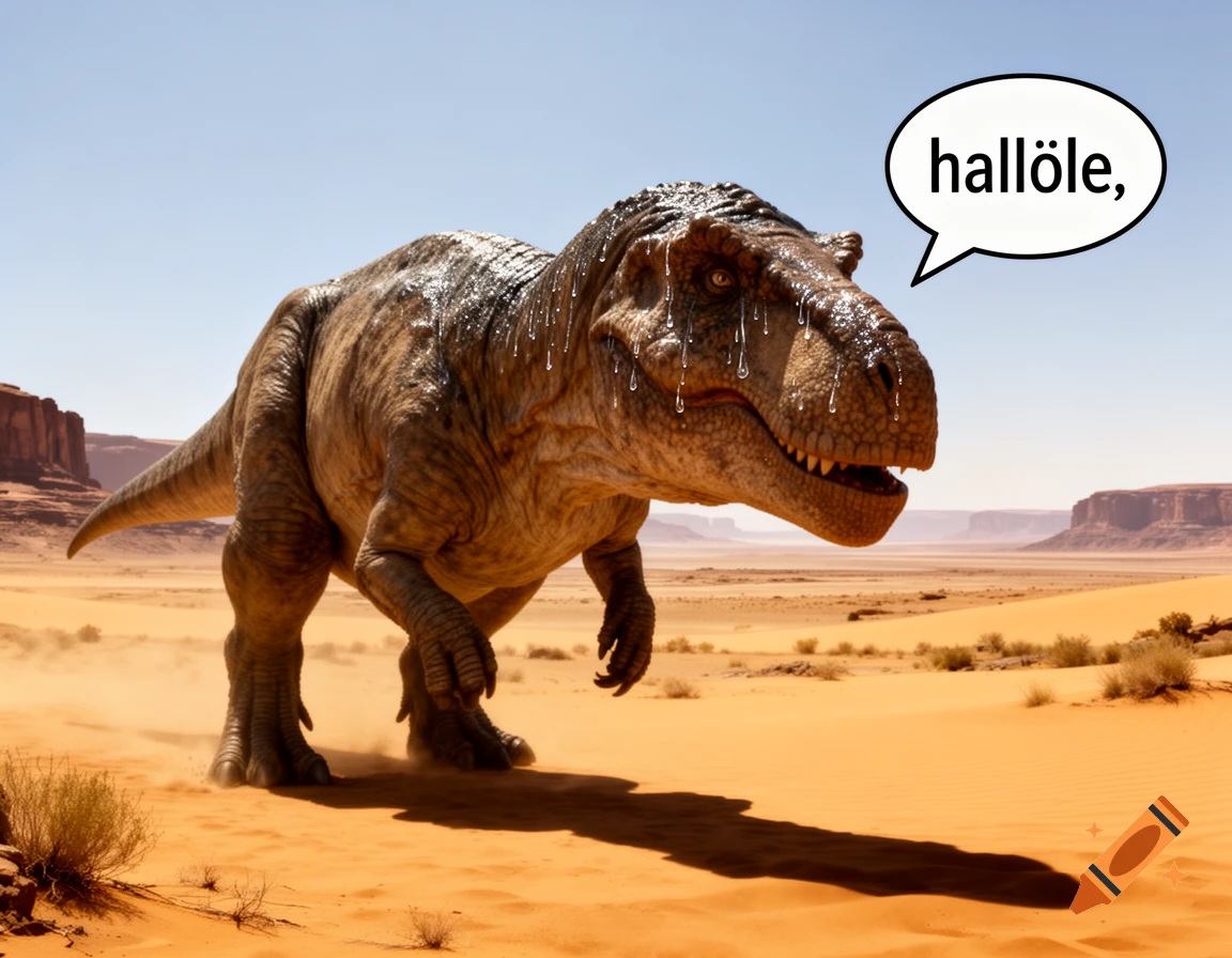 A photorealistic Tyrannosaurus Rex sweating in a desert, with a speech bubble saying 'hallöle,'.