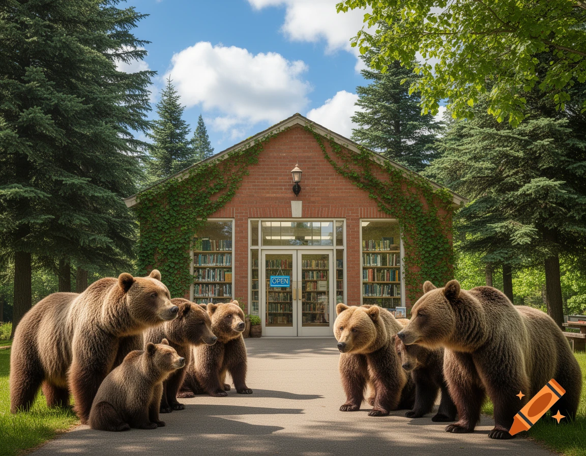 Several grizzly bears wait on a path in front of a brick library building with an 'OPEN' sign. Photorealistic.