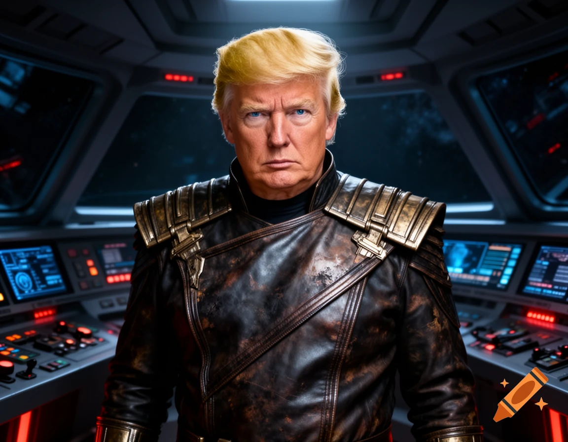 Donald Trump with a serious expression, dressed in a dark, textured sci-fi uniform with gold shoulder accents, standing in a spaceship cockpit.