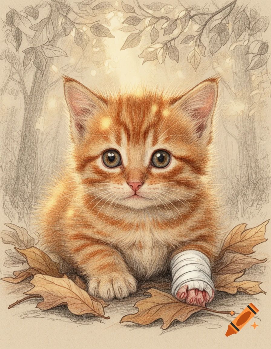 A cute ginger tabby kitten with big eyes sits among autumn leaves, its front paw bandaged in a detailed illustration style.