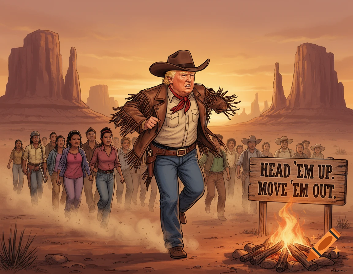 Donald Trump as a cowboy leading a diverse group of people across a desert landscape, with a sign reading 'HEAD 'EM UP. MOVE 'EM OUT.' and a campfire in the foreground. Stylized illustration.