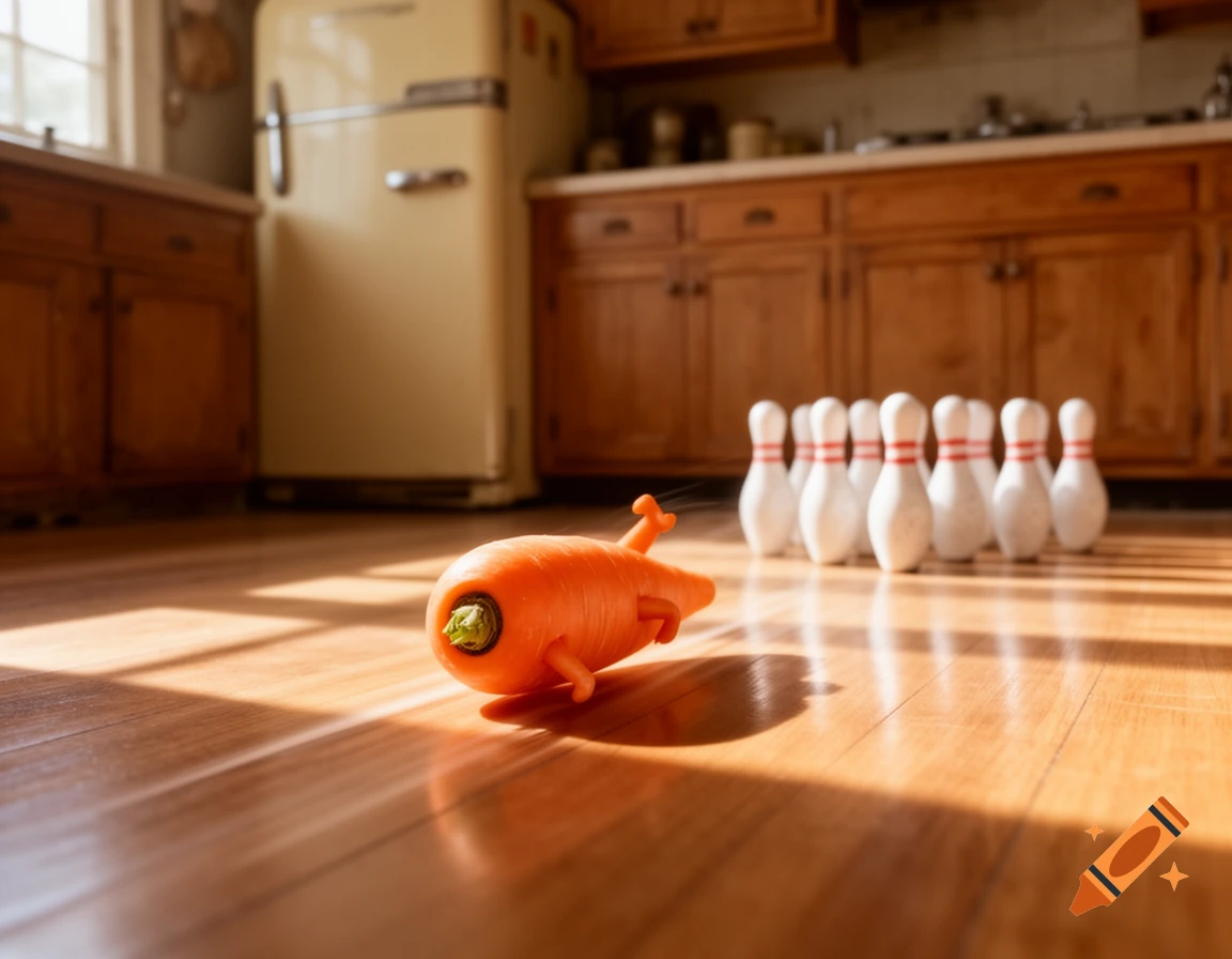 A photorealistic image of a carrot shaped like a bowling ball on a wooden kitchen floor, with bowling pins in the background.