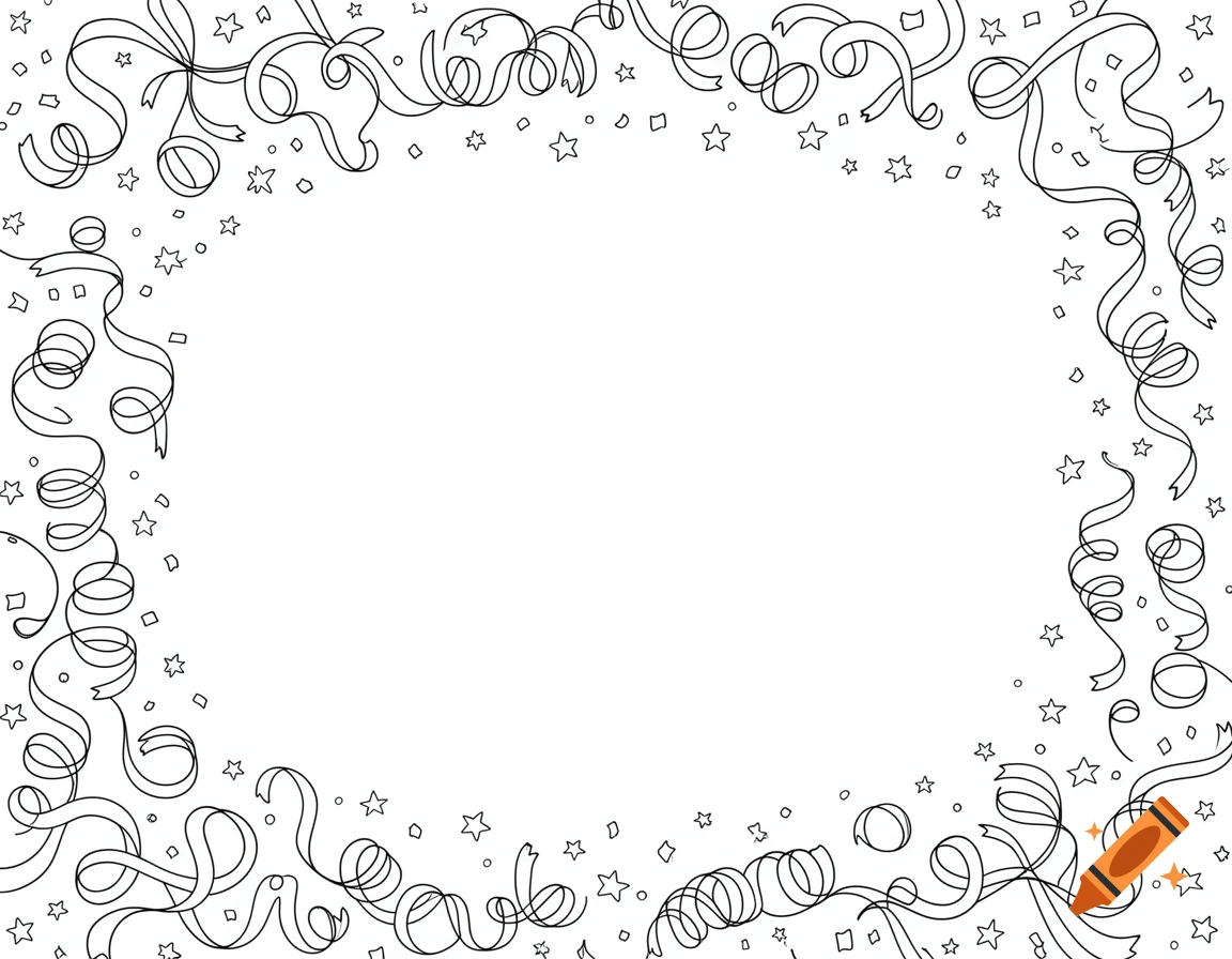 Black and white coloring page style border with curling streamers, confetti, and stars around a blank center.