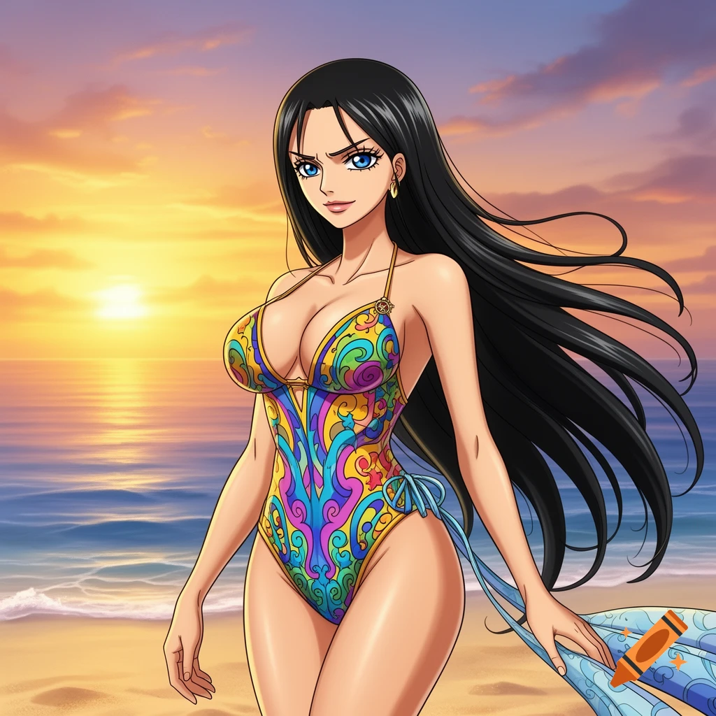 Anime woman with long black hair, blue eyes, and a colorful patterned swimsuit stands on a beach with the ocean and a sunset in the background.