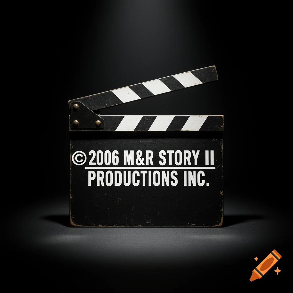 A close-up of a black film clapperboard, marked '© 2006 M&R STORY II PRODUCTIONS INC.', brightly lit on a dark background.
