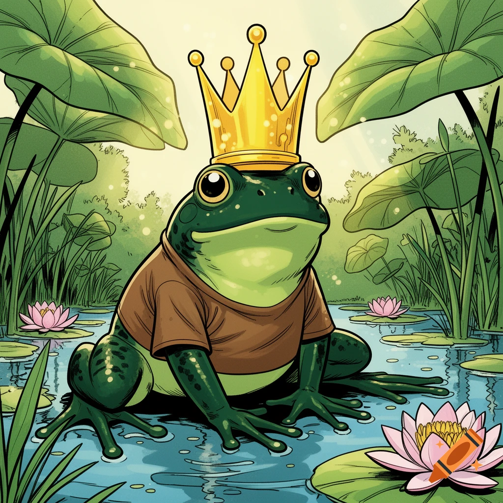 A cartoon dark green frog with a light green belly, wearing a brown t-shirt and a gold crown, sits in a pond with lily pads.