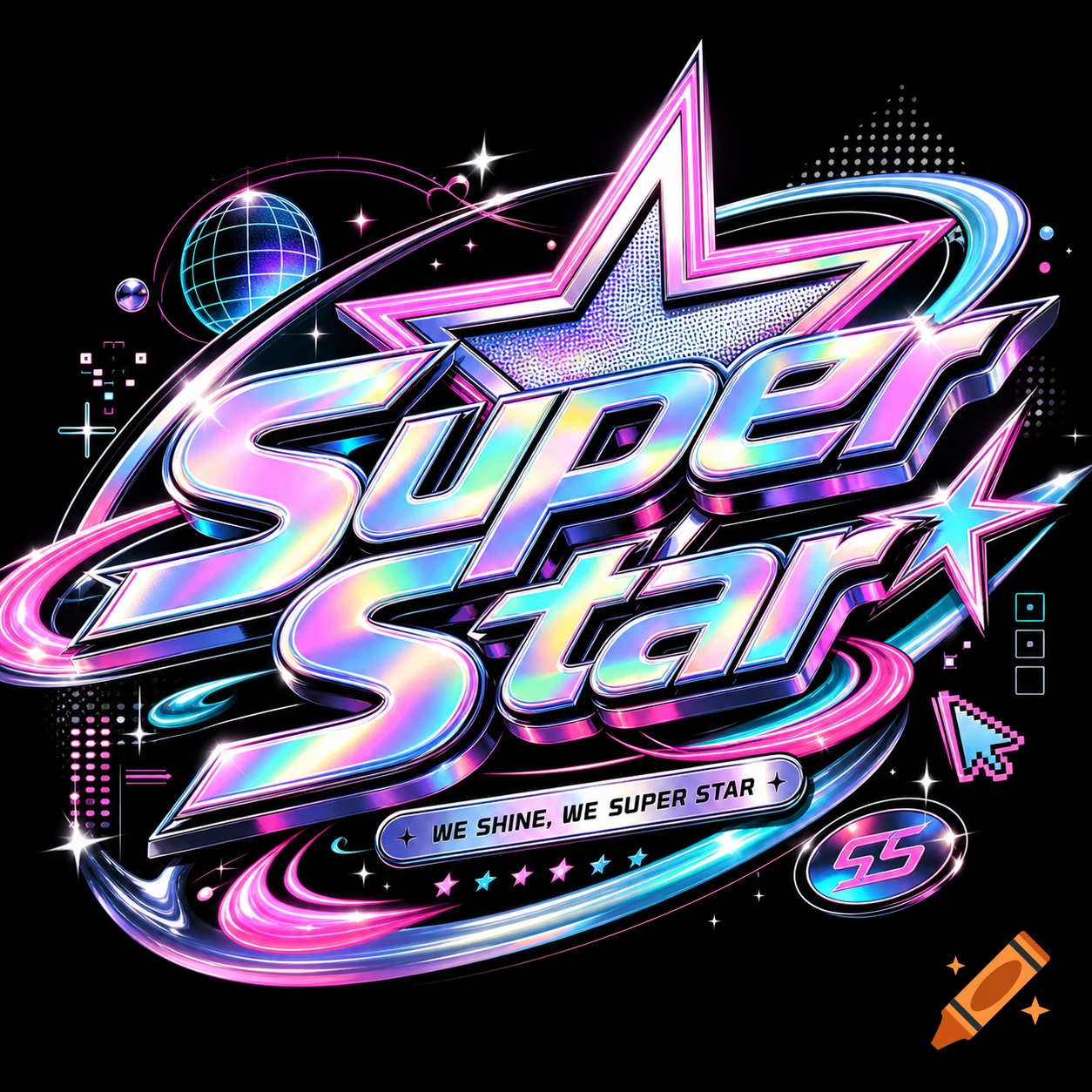 A vibrant Y2K-style logo for 'Super Star' featuring holographic text, stars, a disco ball, and neon trails against a black background.
