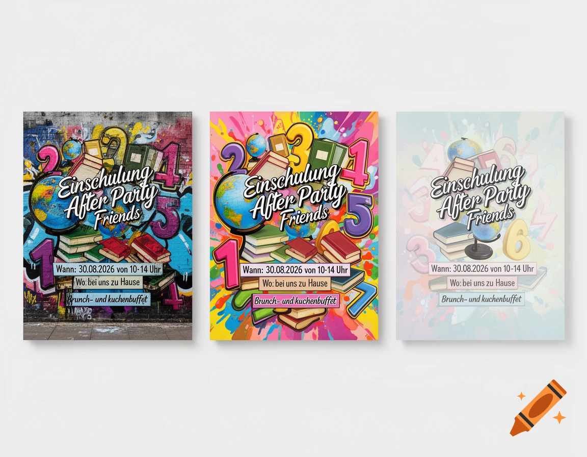Three invitation card designs for a school after-party, featuring books, globes, and numbers. Styles include graffiti, vibrant colors, and soft pastels.