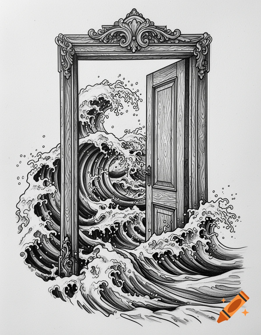 Detailed black and white sketch of an ornate door slightly open, revealing powerful ocean waves crashing through and around it.