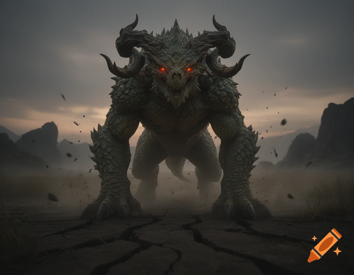 A massive, green-scaled monster with large horns and glowing red eyes stands menacingly on cracked earth in a misty, mountainous landscape.