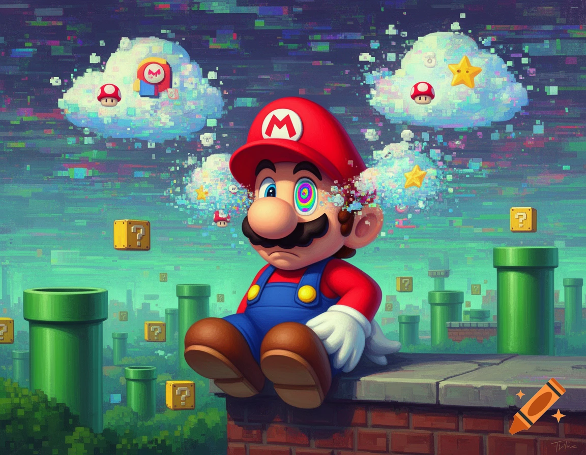 Mario with a psychedelic eye sits on a brick wall in a glitching pixel art Super Mario world with pipes and blocks.