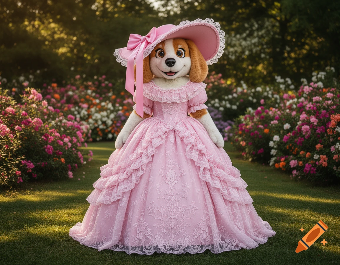 A puppy mascot in a frilly pink southern belle dress and matching hat stands in a lush garden filled with colorful flowers.
