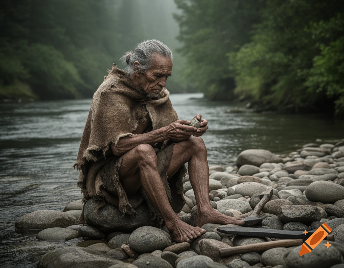 Ancient man in primitive attire sits on river rocks by a misty river, examining a stone. Primitive tools rest on the bank.