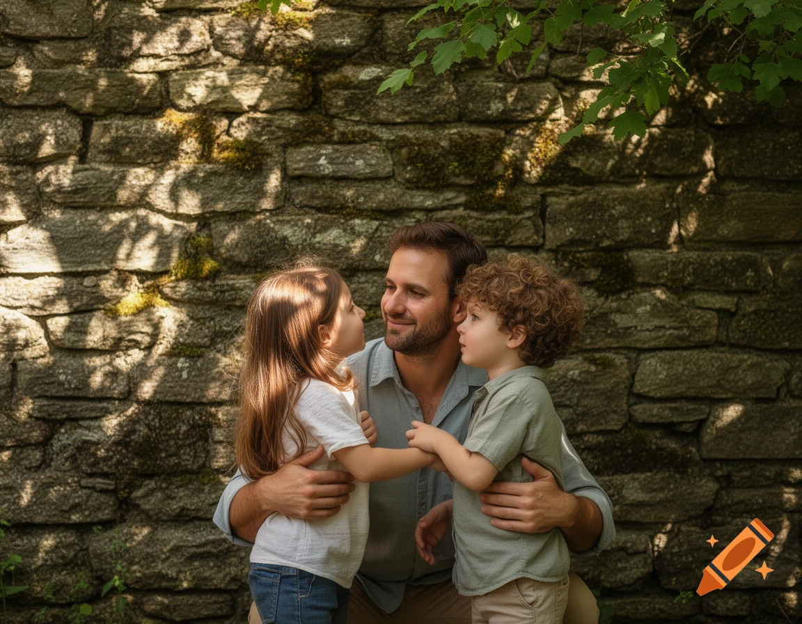 A father lovingly embraces his two young children, a boy and a girl, in front of a stone wall with dappled sunlight.