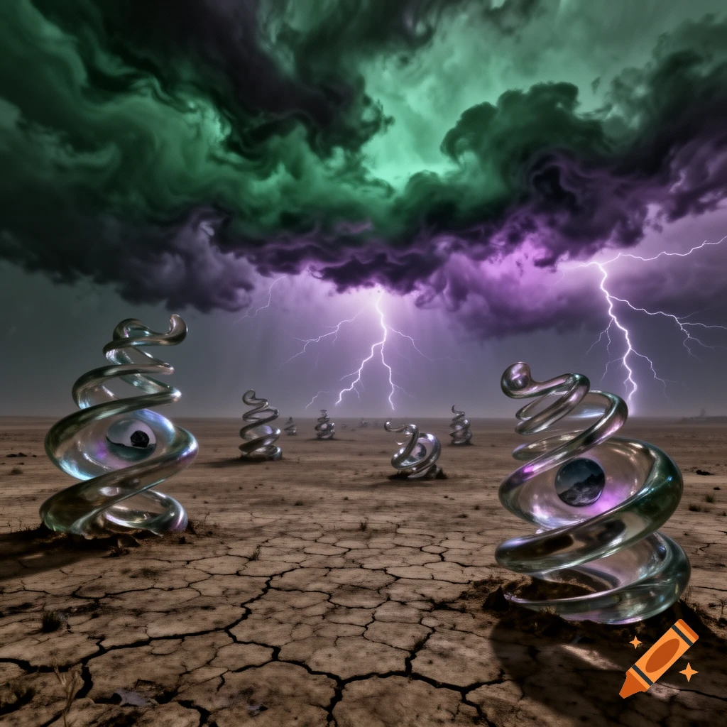 Surreal landscape with cracked earth, swirling metallic structures, and a stormy sky with green-purple clouds and lightning.