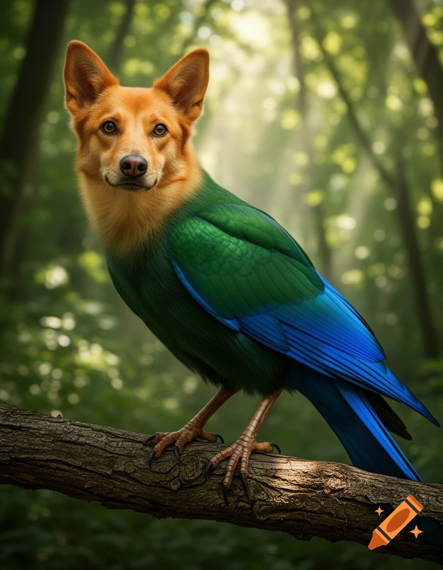 A photorealistic hybrid creature with a brown dog's head and a green and blue bird's body perched on a tree branch in a forest.