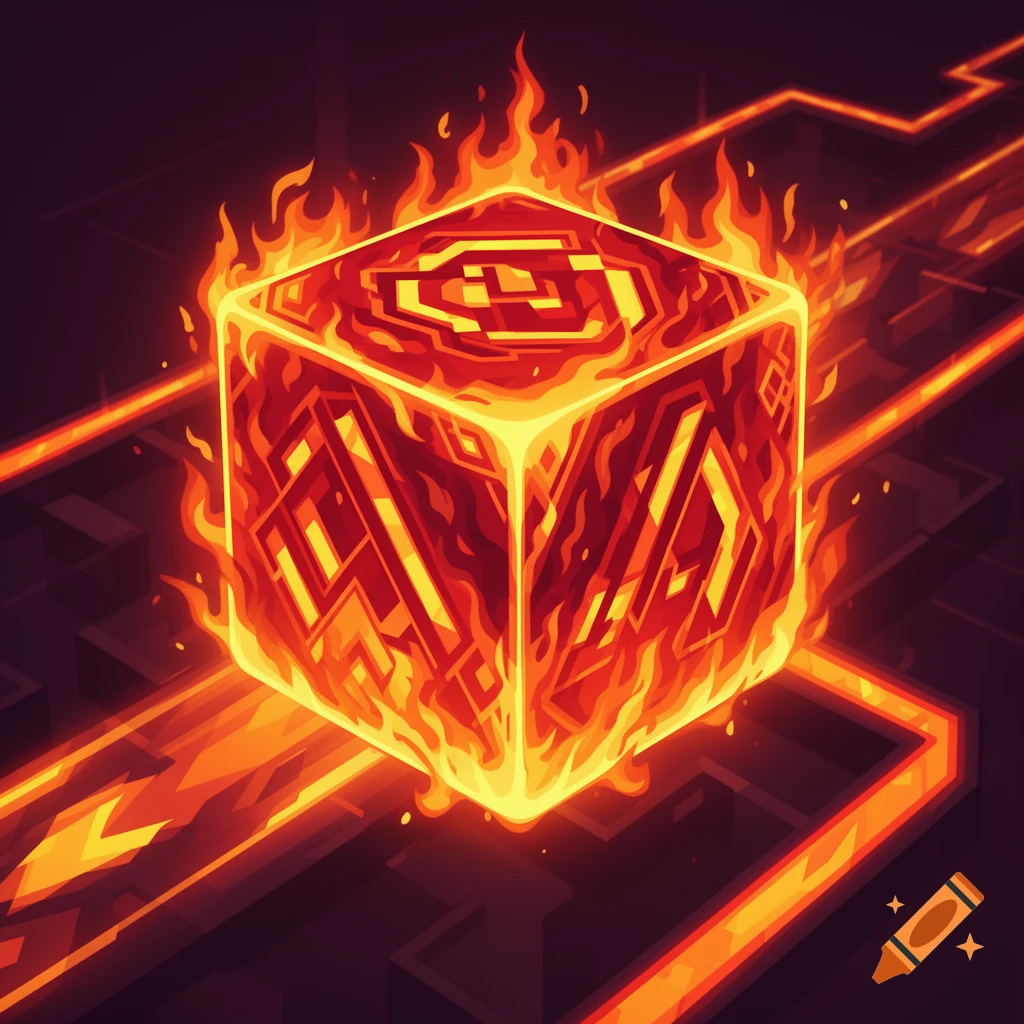 A glowing, fiery geometric cube with intricate patterns, surrounded by flames, on a dark background with illuminated lines.
