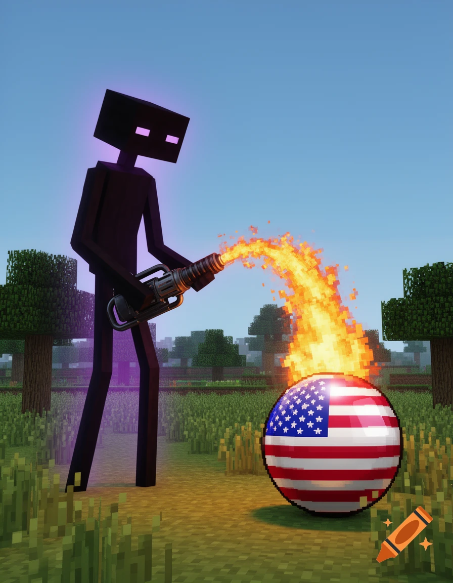 A pixelated Enderman character from Minecraft uses a flamethrower to burn a spherical USA Countryball in a blocky landscape.