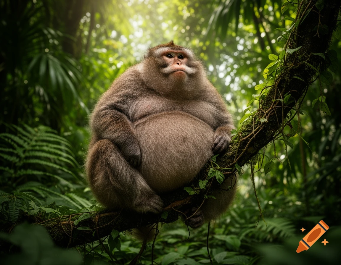 A very large, fluffy brown monkey sits on a mossy tree branch in a lush, sun-dappled jungle, looking upwards.