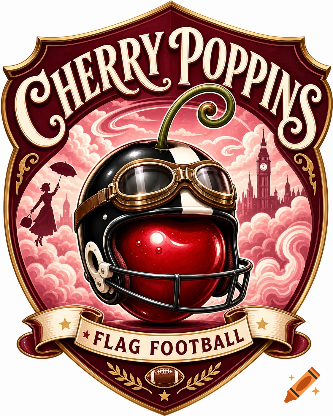 A vibrant, illustrated team logo for 'Cherry Poppins Flag Football' featuring a cherry in a helmet and goggles, a flying figure, and Big Ben on a red and gold shield.