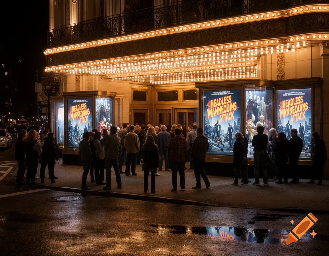 A crowd of people stands outside a brightly lit theater at night, looking at movie posters for 'Headless Mannequins Attack' reflected on the wet street.