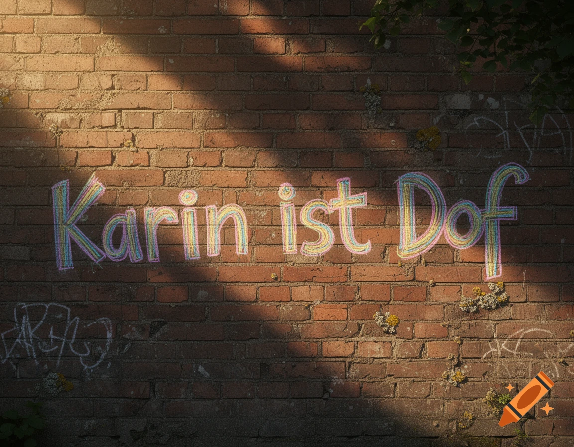 Colorful chalk text 'Karin ist Dof' on a sunlit brick wall with moss and shadows.