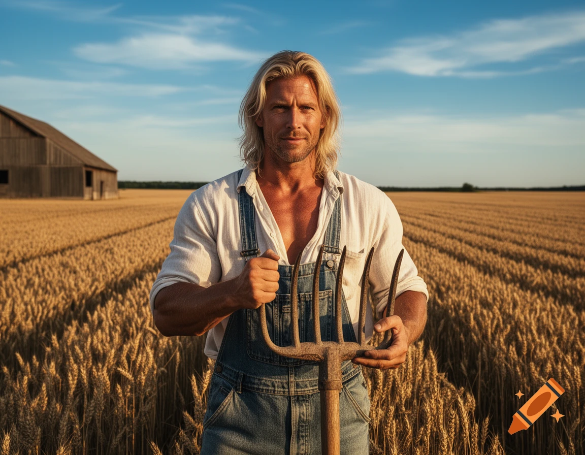 A rugged man with long blonde hair, wearing a white shirt and denim overalls, holds a pitchfork in a golden wheat field.
