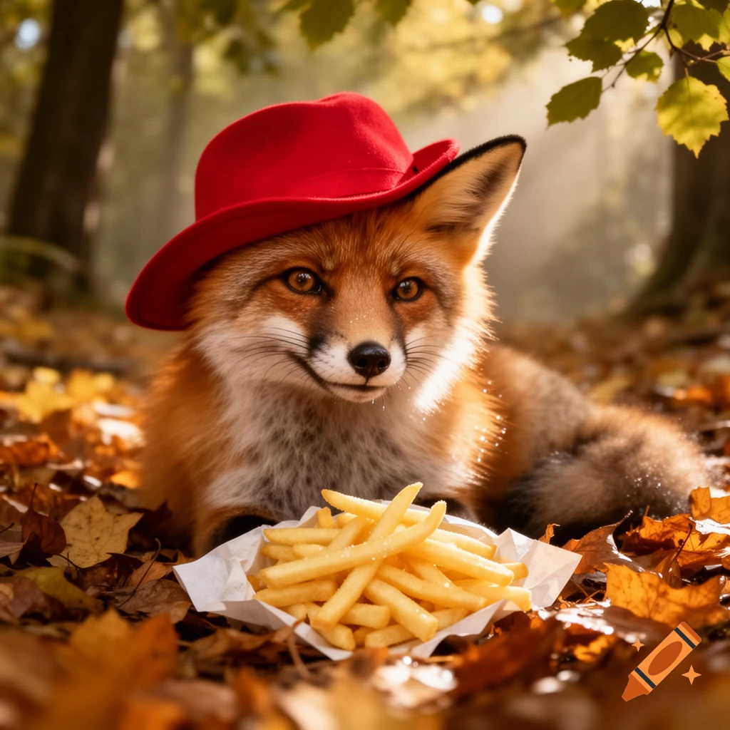 A photorealistic image of a cute fox wearing a red hat, sitting in autumn leaves with a container of french fries.