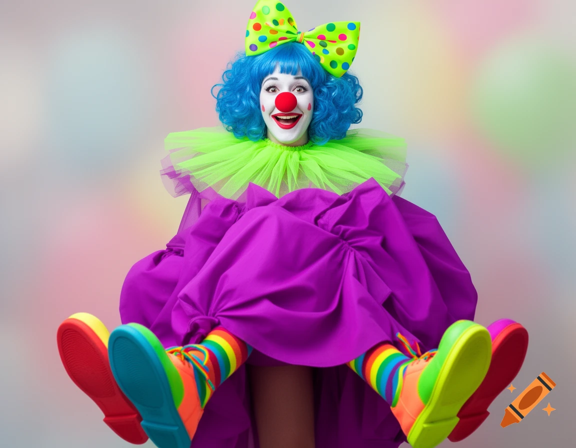 A smiling clown woman with a blue wig, green polka-dot bow, red nose, purple dress, rainbow socks, and colorful shoes. Photorealistic.