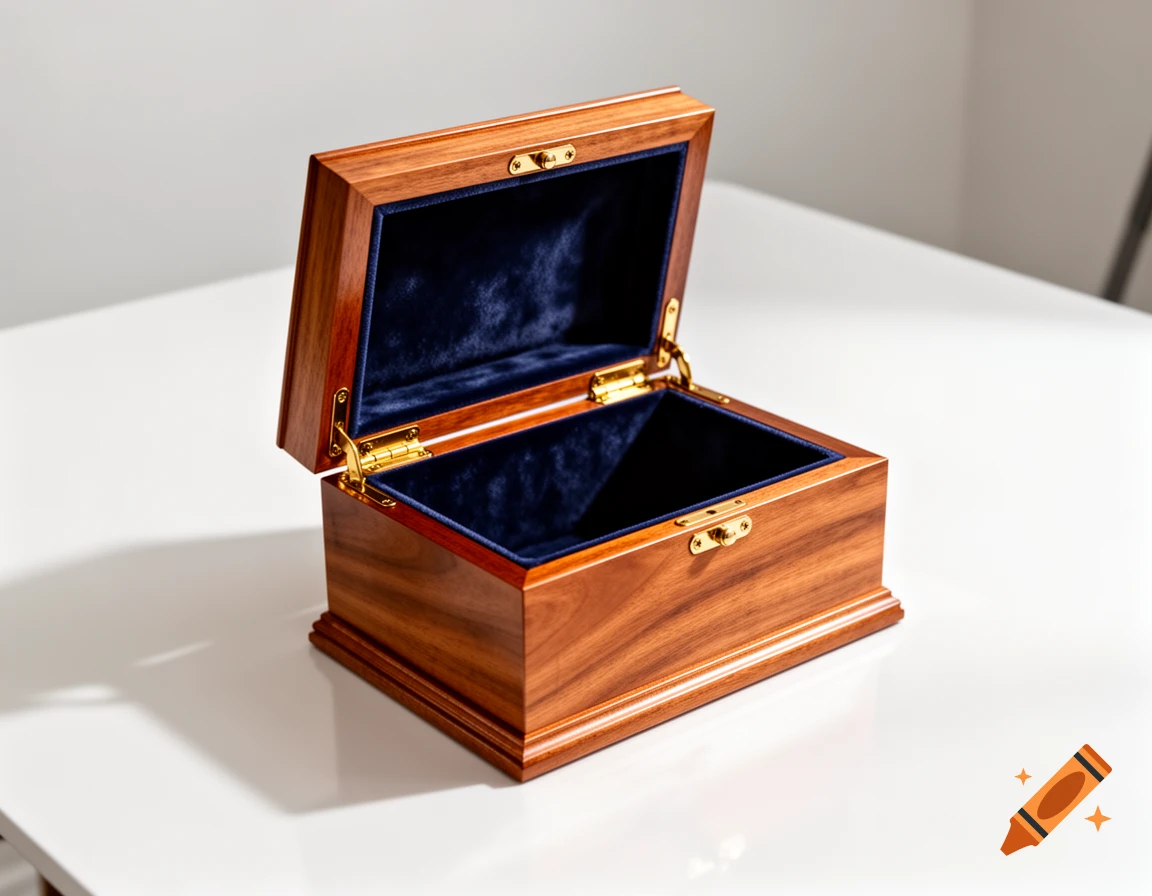 An open, empty wooden box with dark blue velvet lining sits on a clean white table, shown in a photorealistic style.