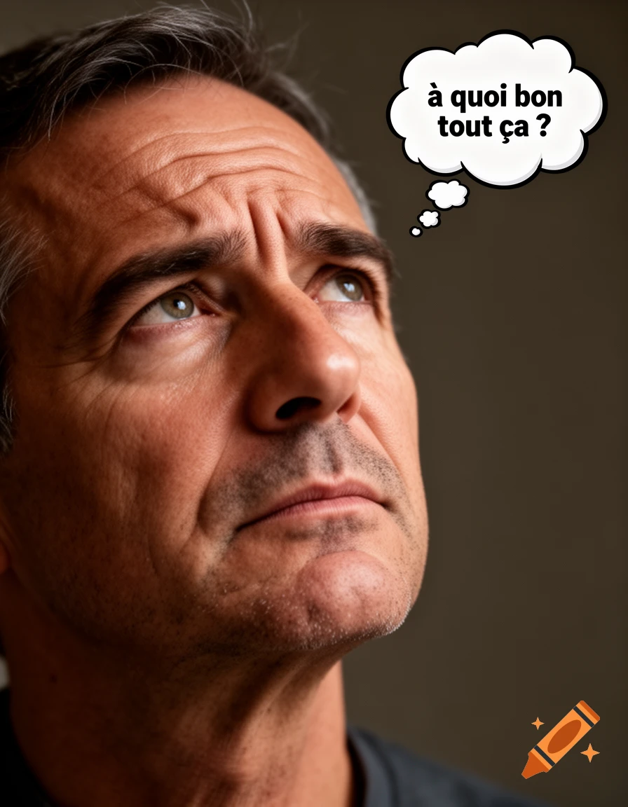 Close-up photorealistic portrait of a thoughtful middle-aged man looking up, with a thought bubble containing " à quoi bon tout ça ?"