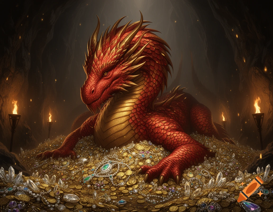 A majestic red and gold dragon guards a vast hoard of gold coins and sparkling jewels in a dark, torch-lit cave.