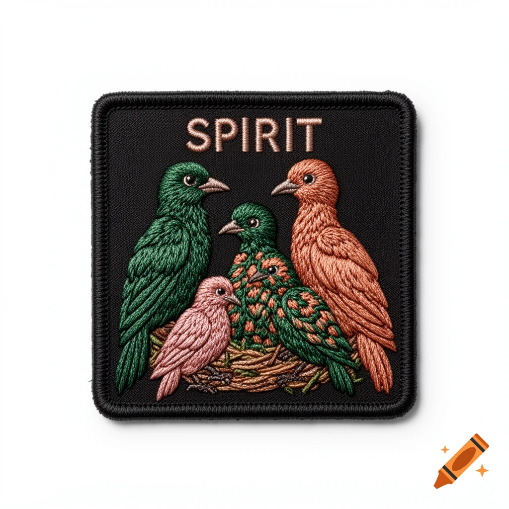 Embroidered patch with 'SPIRIT' above four stylized birds in green, terracotta, and pink, on a white background.