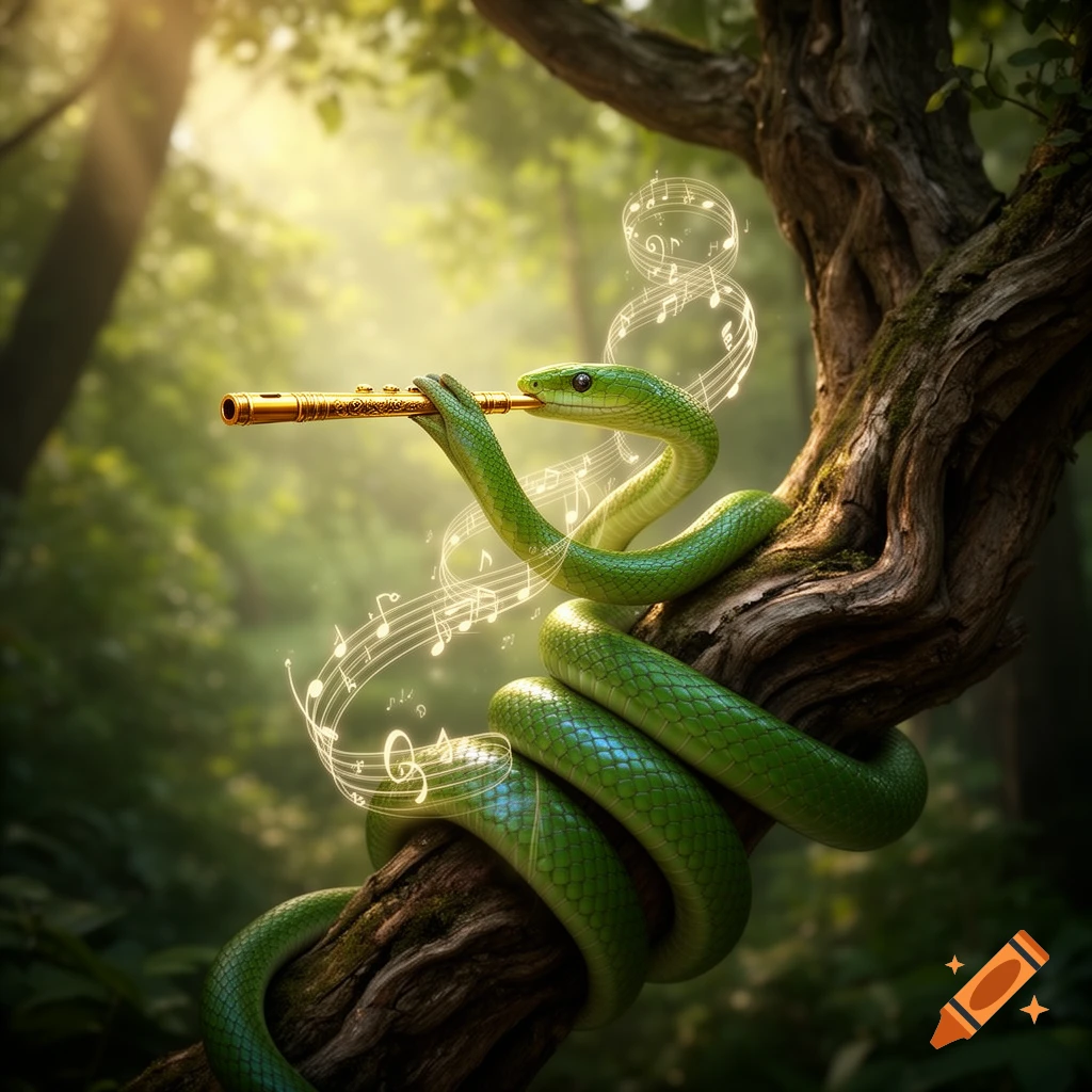 A vibrant green snake plays a golden flute, wrapped around a tree branch in a sunlit forest with musical notes floating around.