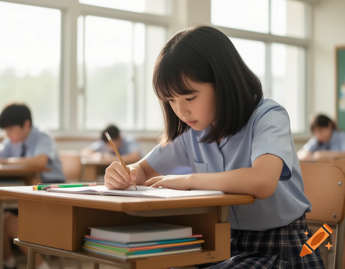 A young girl student with dark hair writes in a notebook at her desk in a bright classroom.