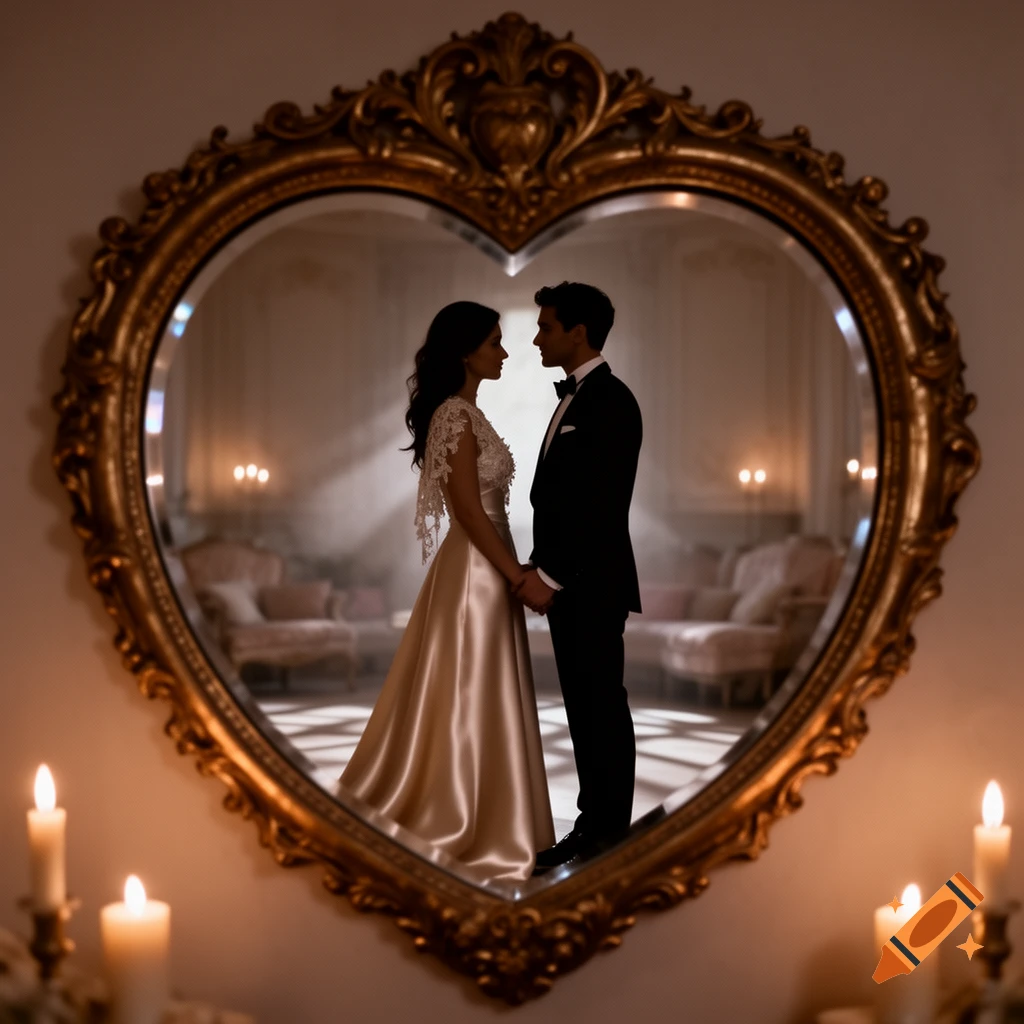 A couple in formal wear holding hands, reflected in a grand ornate heart-shaped mirror with soft lighting and candles.