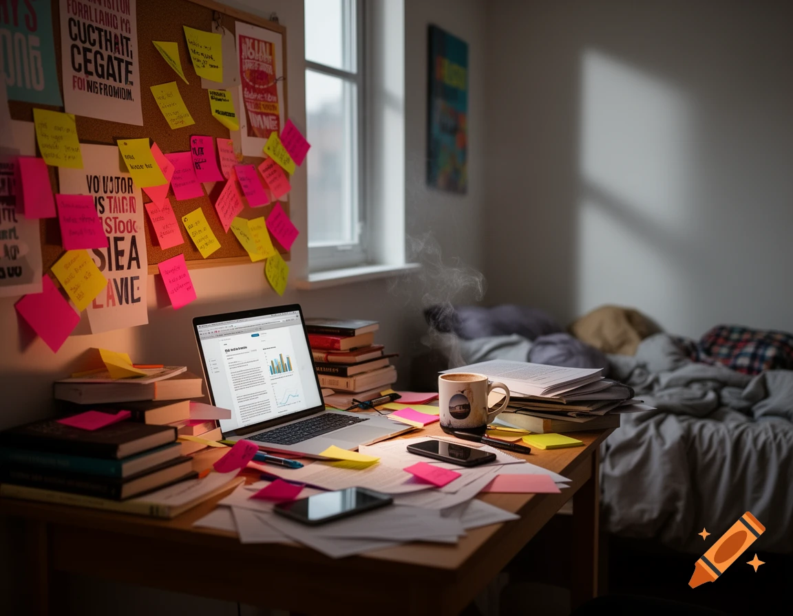 A cluttered student desk with a laptop, books, sticky notes, and a steaming coffee mug in a messy room.