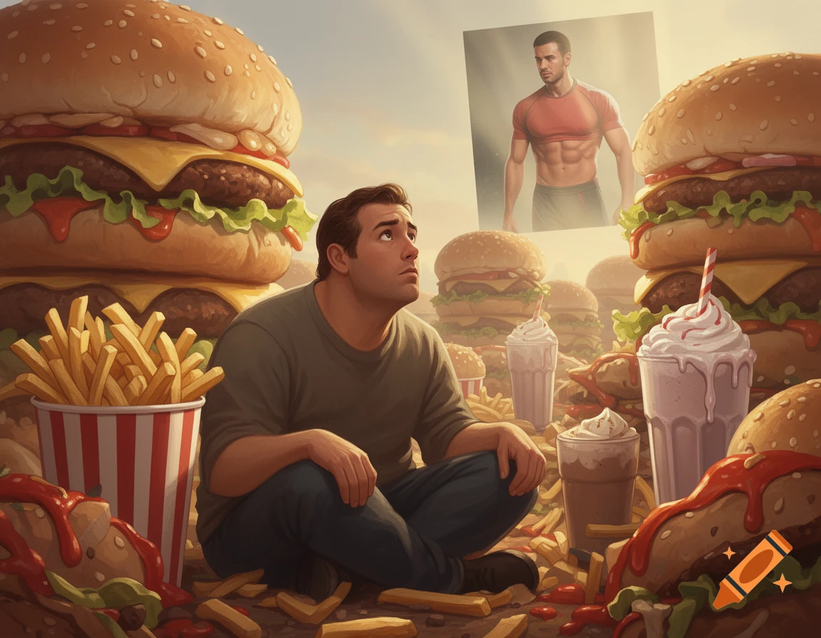 A man sits on the ground surrounded by giant burgers, fries, and milkshakes, looking up wistfully at a framed picture of a fit man. Stylized art.