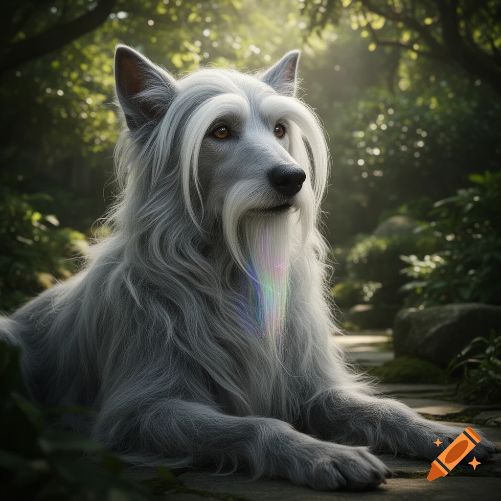 A photorealistic grey dog with a long white beard and mustache, shimmering with rainbow colors, lies on a garden path in a sunlit forest.