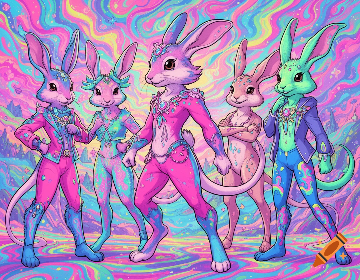 Five colorful anthropomorphic rabbits with humanoid features stand against a vibrant, psychedelic background in a cartoonish, Lisa Frank-inspired style.