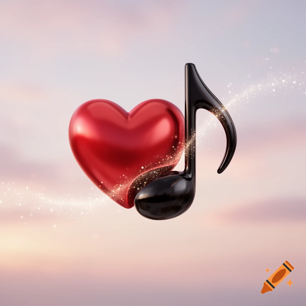 Glossy red heart and shiny black music note surrounded by golden sparkles against a soft, light background.