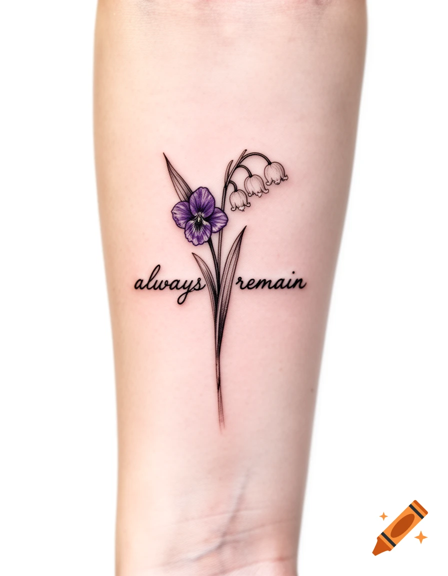 A minimalist, fine-line tattoo on a forearm featuring a violet, lily of the valley, and the words 'always remain' in elegant cursive.