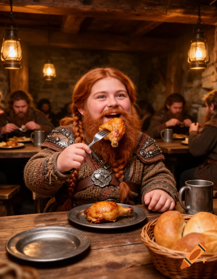 A cheerful red-haired dwarf with a long beard eats a chicken leg in a rustic tavern, with bread nearby.
