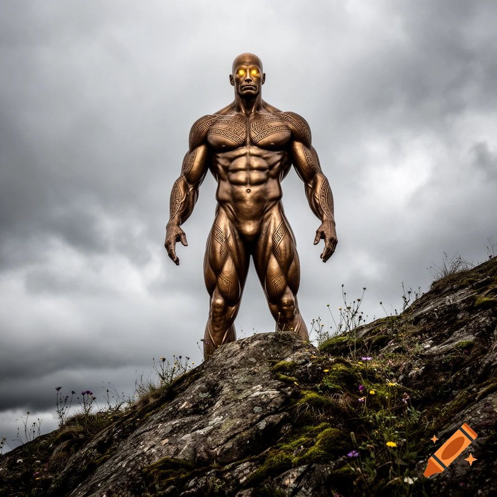 A powerful, bald, bronze-colored muscular figure with glowing yellow eyes stands on a rocky hill under a cloudy sky.
