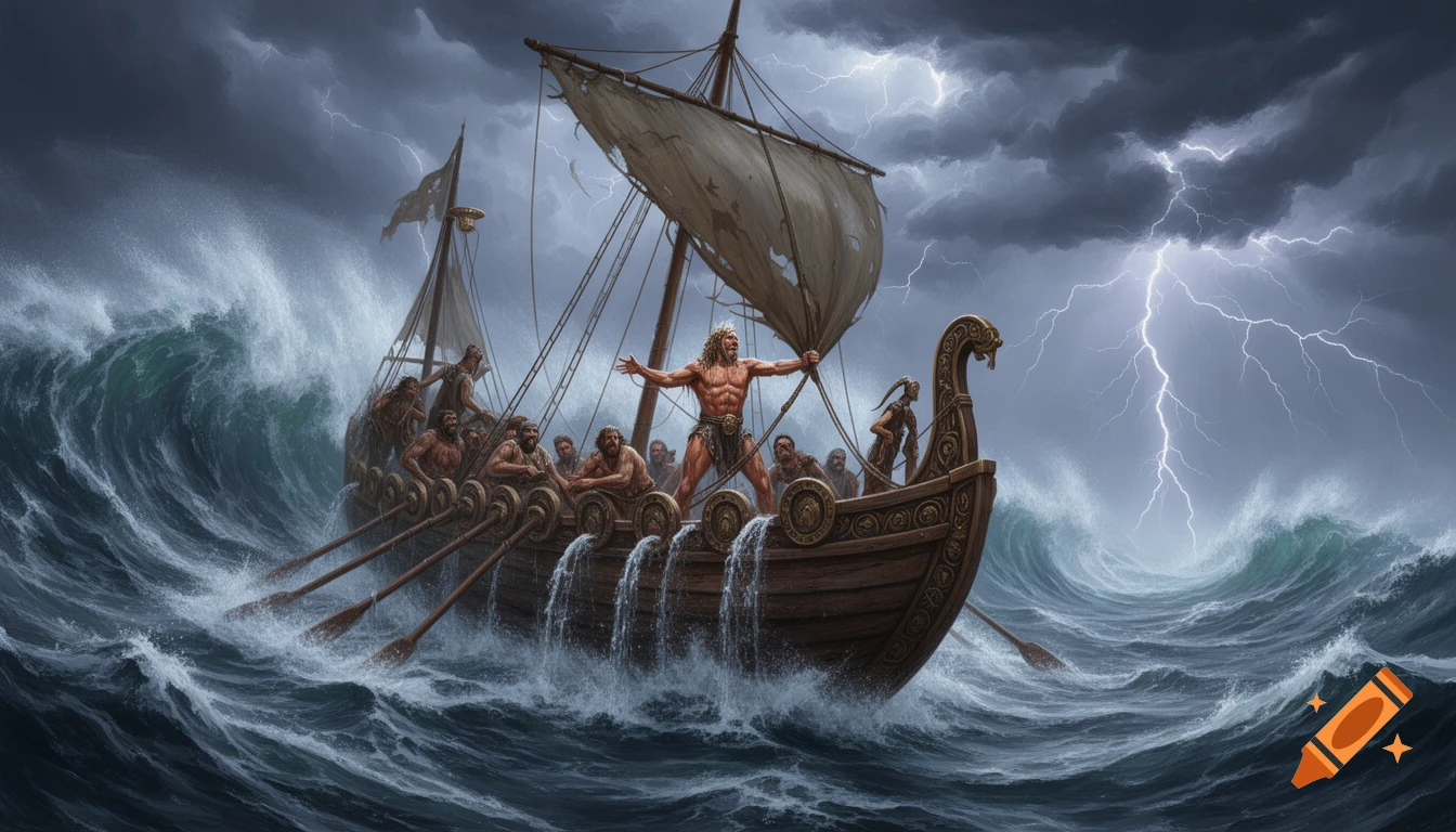 An ancient Greek galley ship with Odysseus and crew battles a colossal storm with towering waves and lightning.